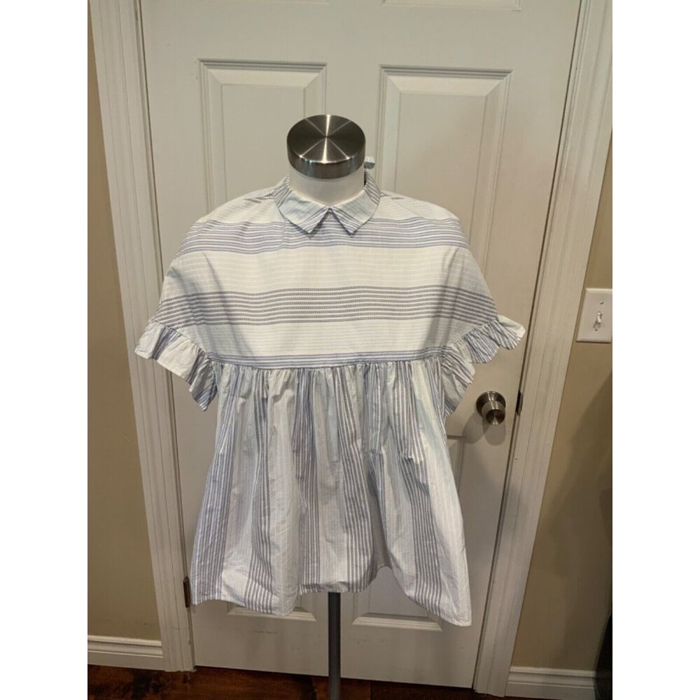 Zara Tafaluc Blue & White Striped Collared Short Sleeve Shirt, Size Small